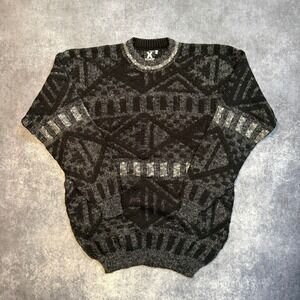Vintage XSTATX Men 2XL Tall Black Gray Geometric Fuzzy Knit Crewneck Sweater USA